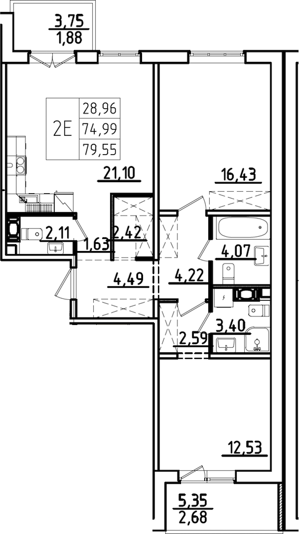 2-комнатная квартира 79.55 м², 7/9 эт., ЖК «IQ Гатчина 3»